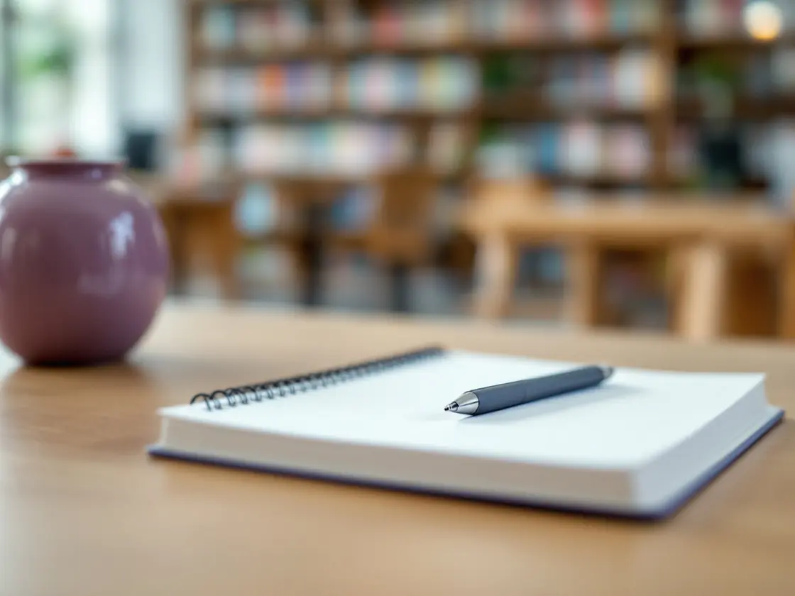 An open notebook and a pen on a wooden library desk