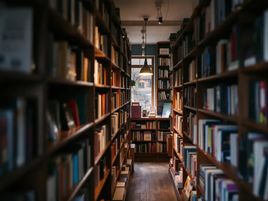 A bookshop aisle with full wooden shelves and a reading lamp
