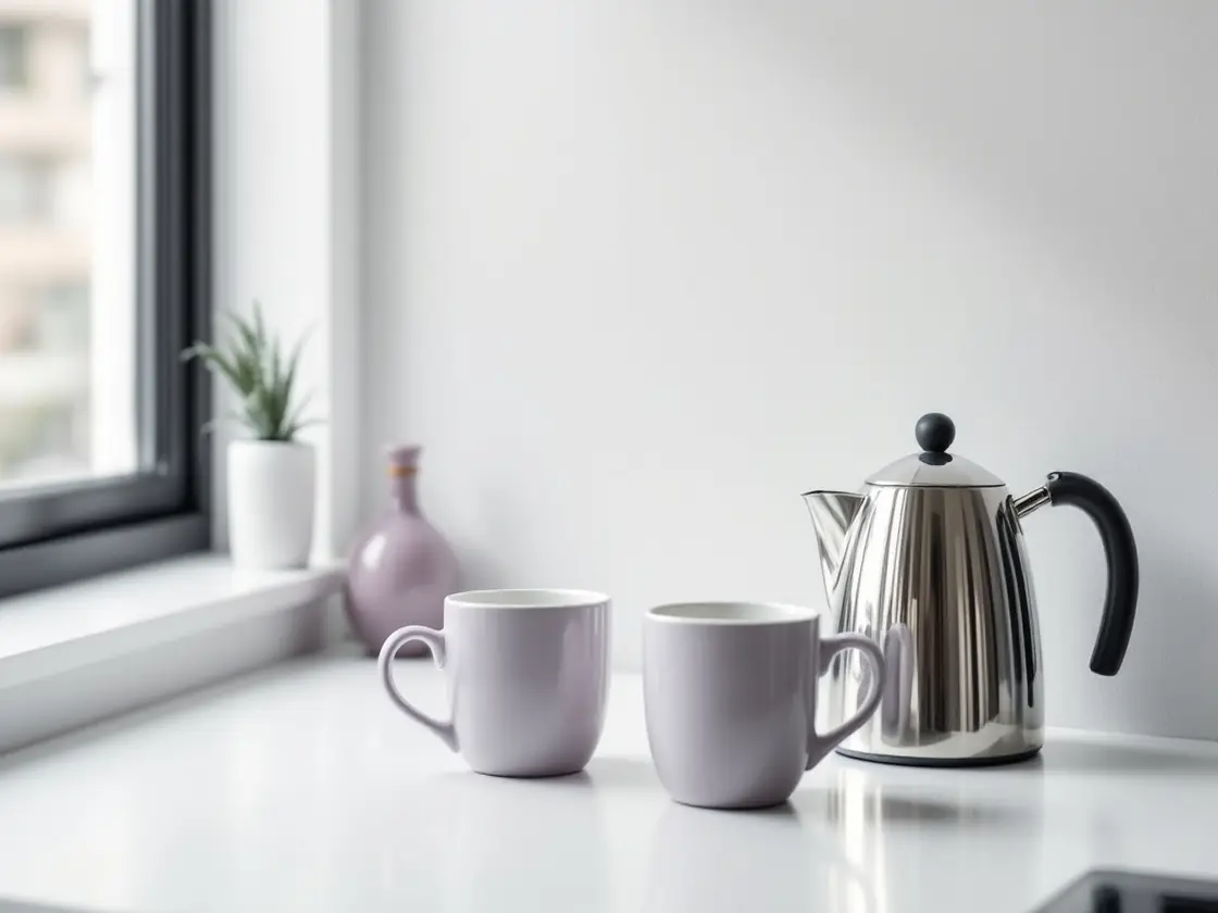An office kitchen counter with a kettle and two plain mugs