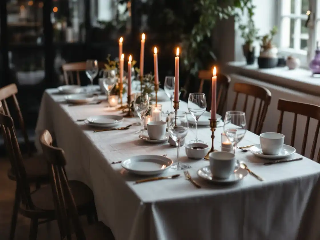 A long dinner table set with plates, glasses and unlit candles