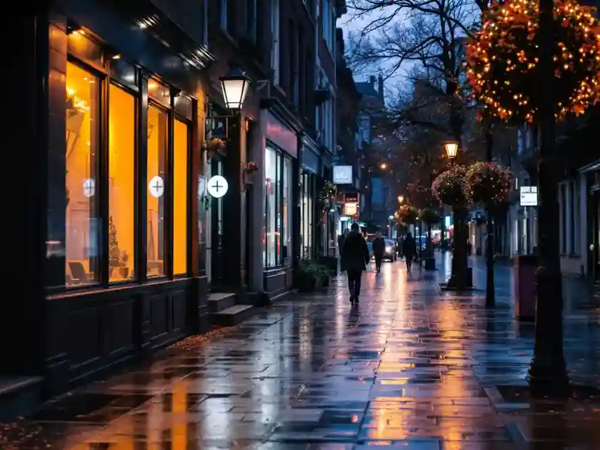 A quiet city street at dusk with wet pavement and lit windows