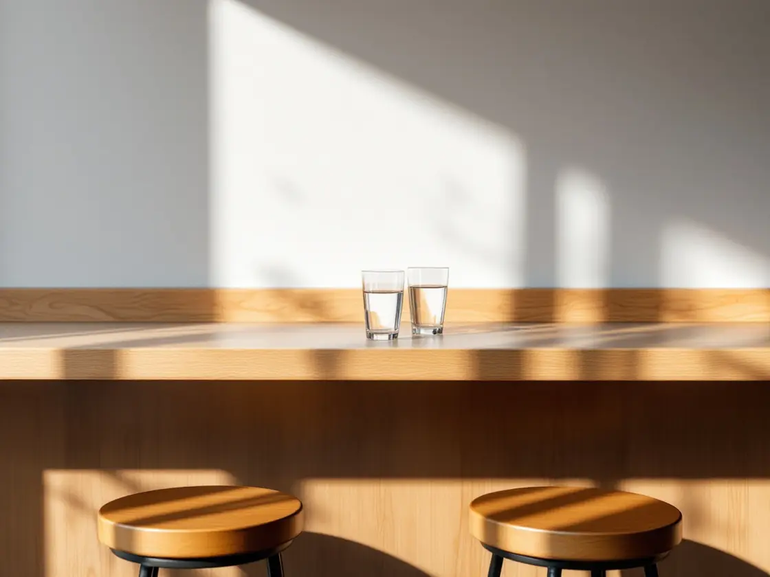 Two bar stools at an empty wooden counter with two glasses of water