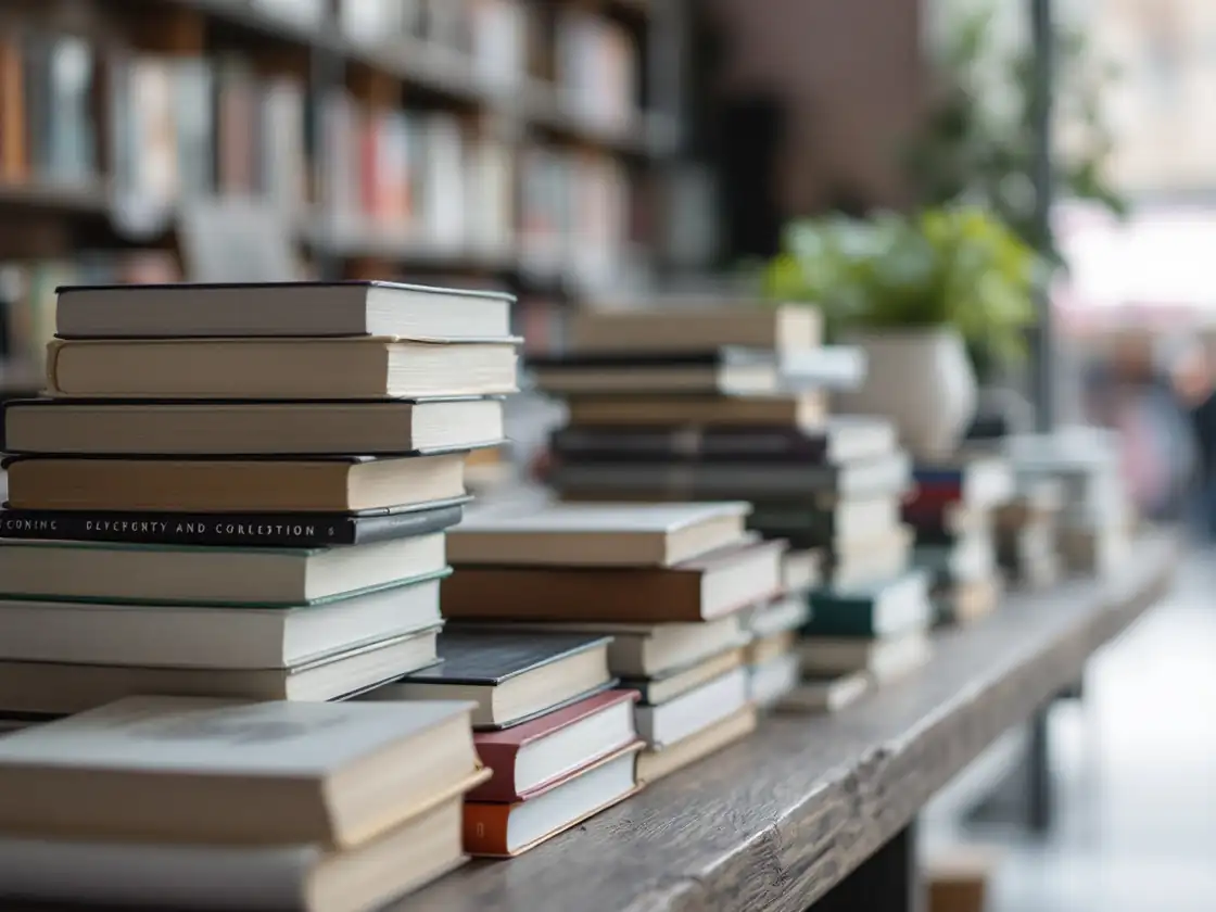 A bookshop table stacked with paperbacks in soft light