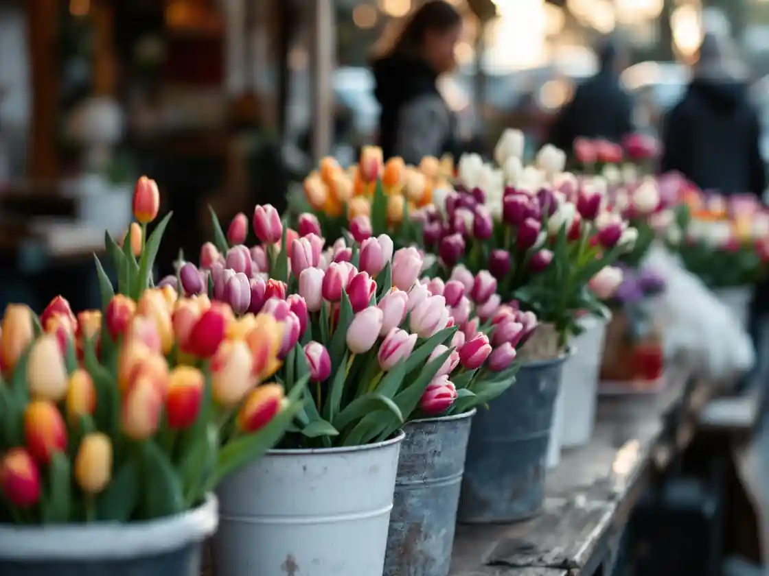 Buckets of tulips at a farmers market flower stall in morning light