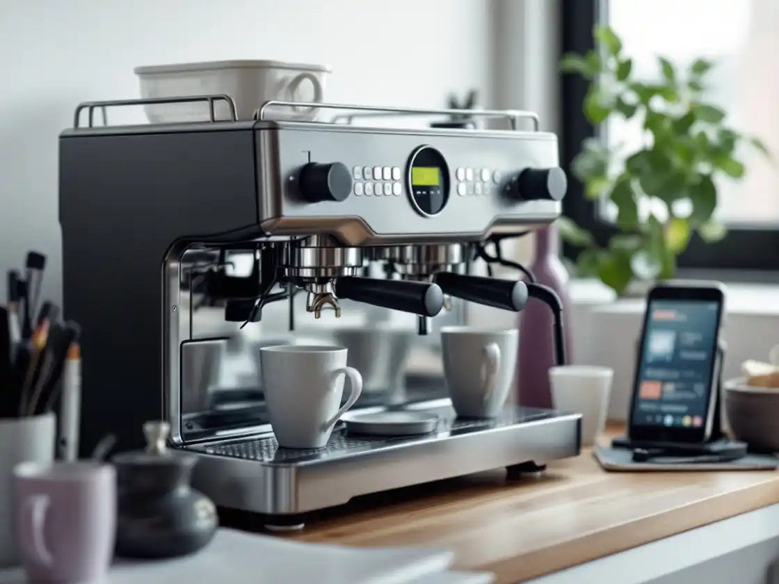 An office coffee machine with two cups under the spout