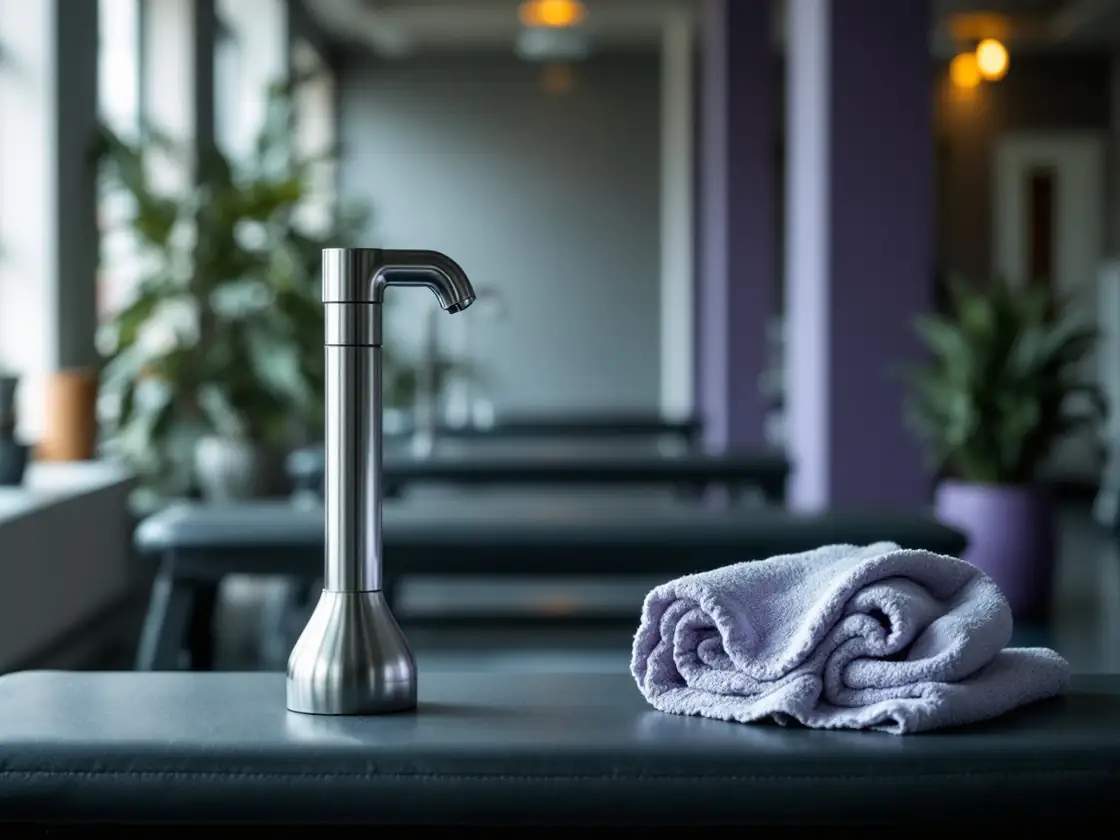 A towel on a bench beside a water fountain in an empty gym