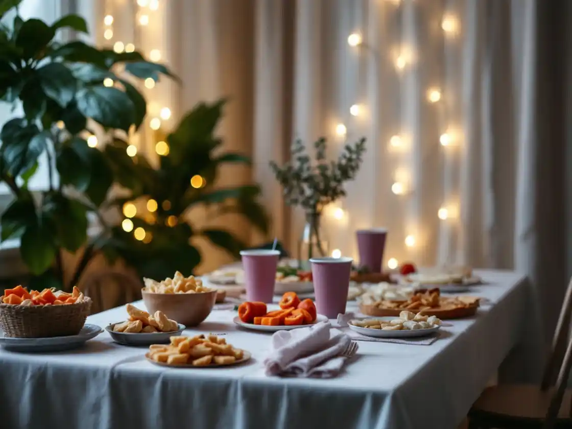 A party table with snacks, cups and string lights