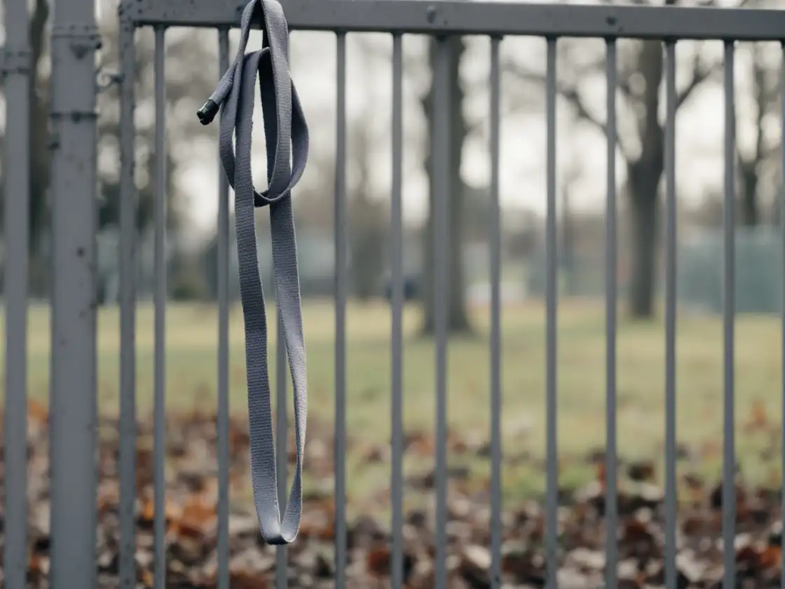 A leash hanging on a dog park gate in the morning