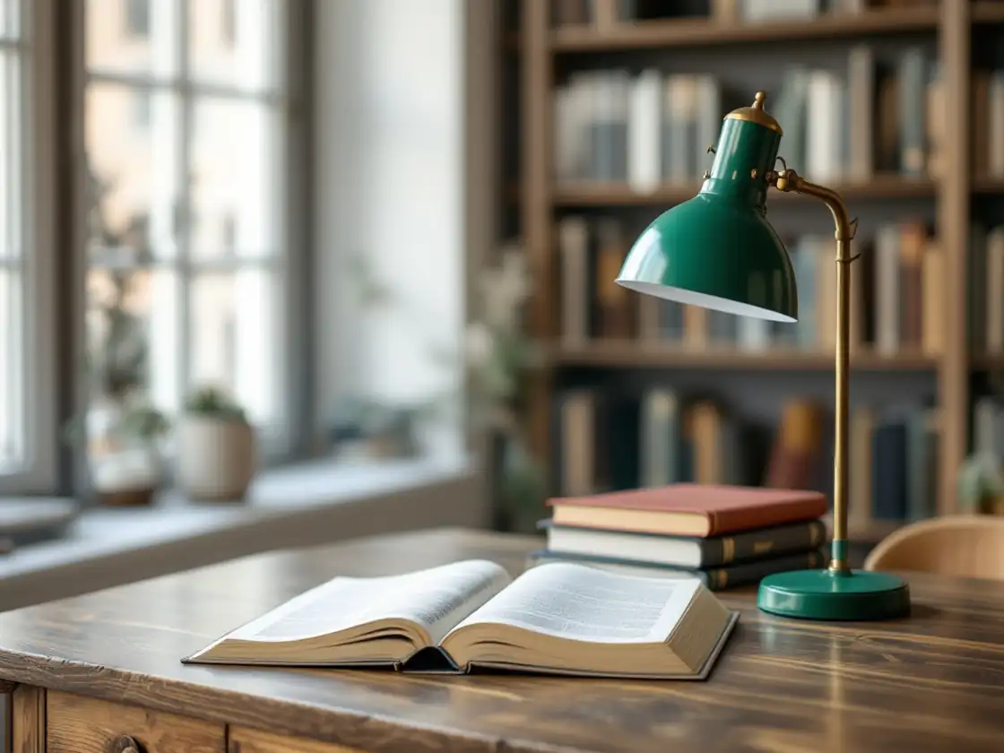 A library reading table with a green lamp and an open atlas