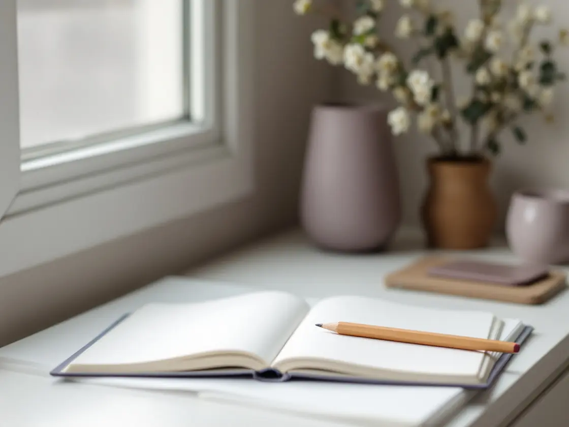 An open notebook and a pencil on a desk in morning window light