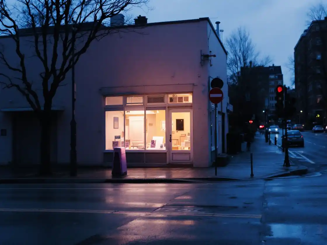 A quiet city street corner at dusk with warm lit shop windows