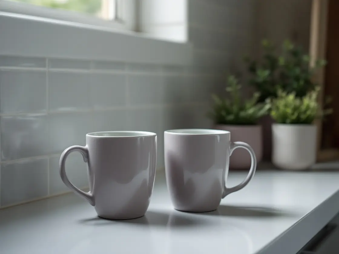 Two ceramic mugs on a kitchen counter next to a small potted plant