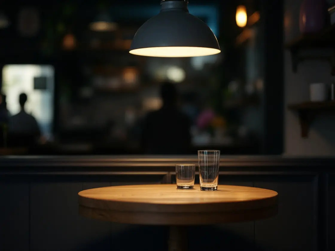 A small round bar table with two empty glasses under a hanging lamp