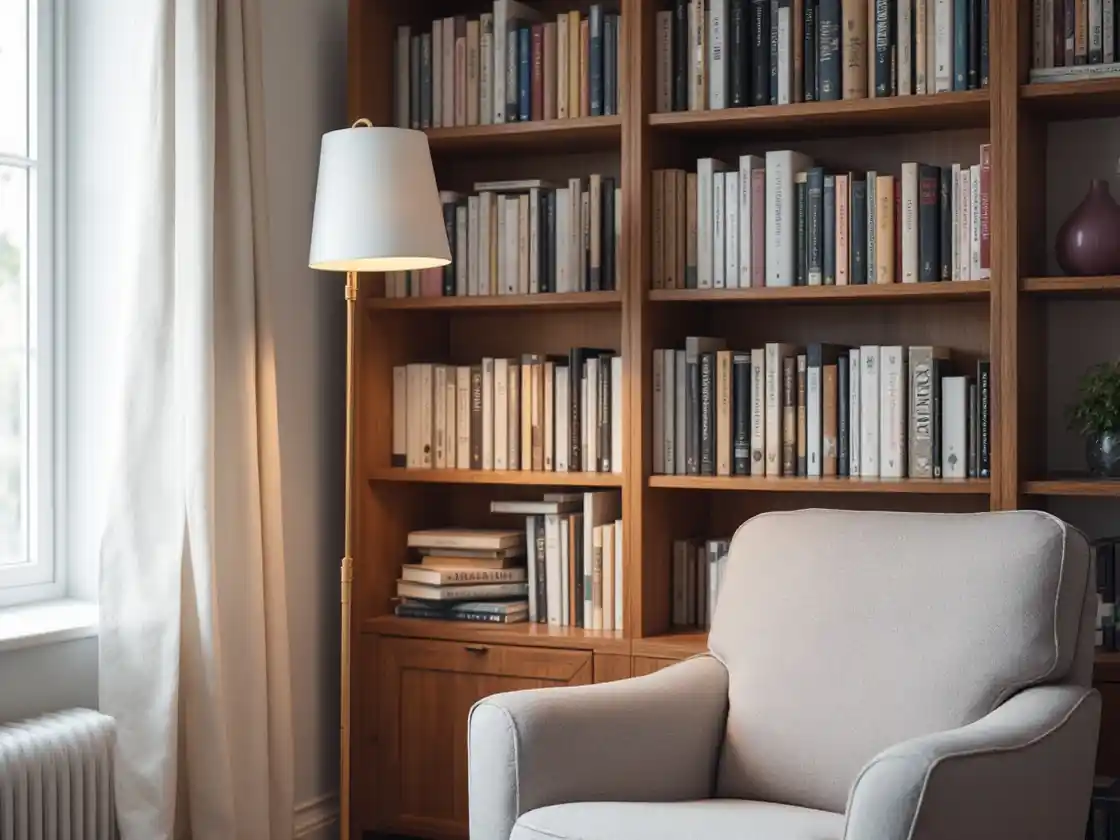 A bookshelf corner with an armchair and a reading lamp switched on