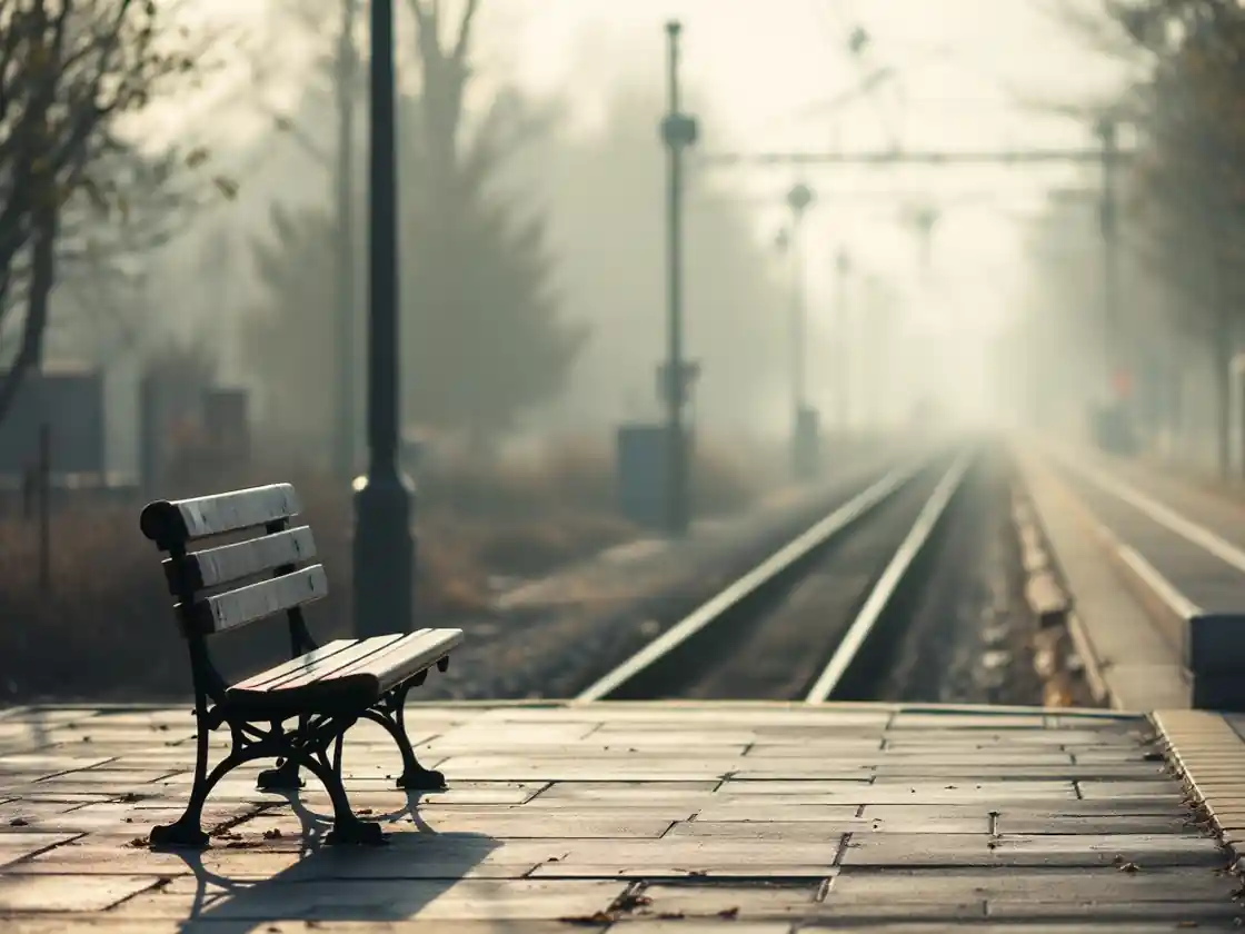 A railway platform bench in early morning light beside an empty track