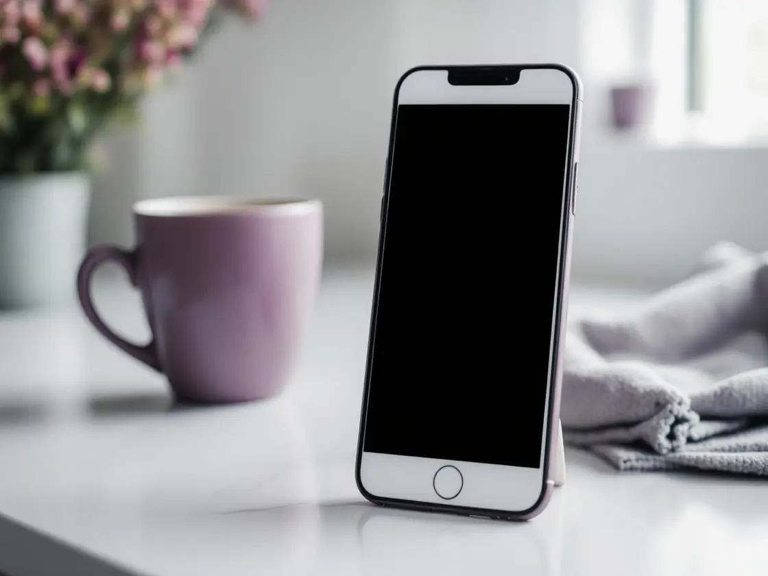 A phone propped against a coffee mug on a kitchen counter