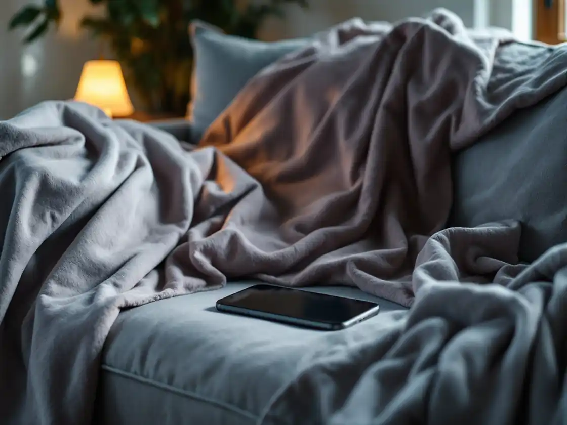 A phone lying on a sofa cushion beside a folded blanket in lamp light