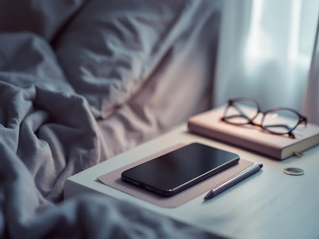 A phone on a tray beside a notebook and reading glasses on a bed