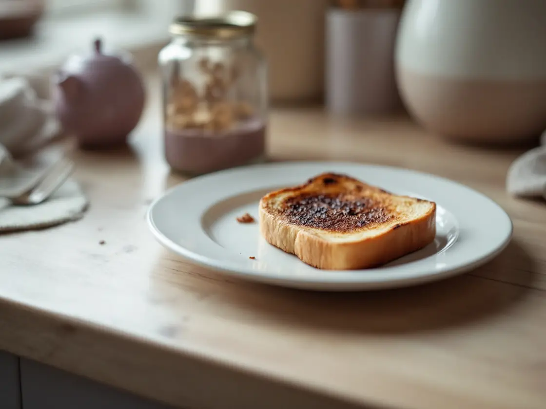 A burnt piece of toast on a plate on a kitchen counter