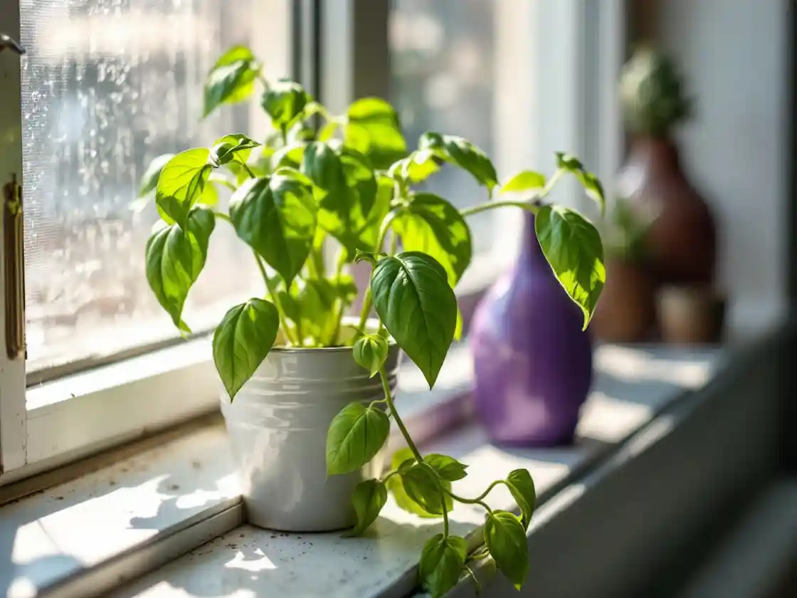A basil plant on a sunny windowsill