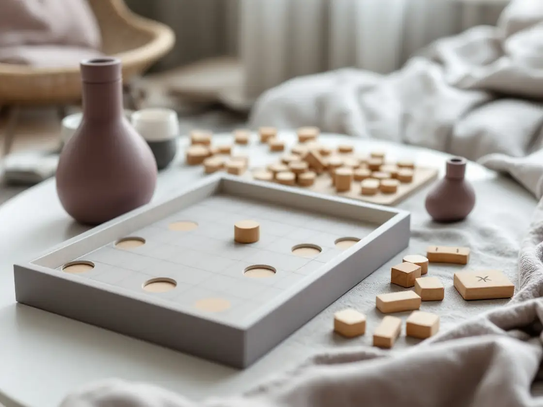 A board game and scattered wooden pieces on a coffee table