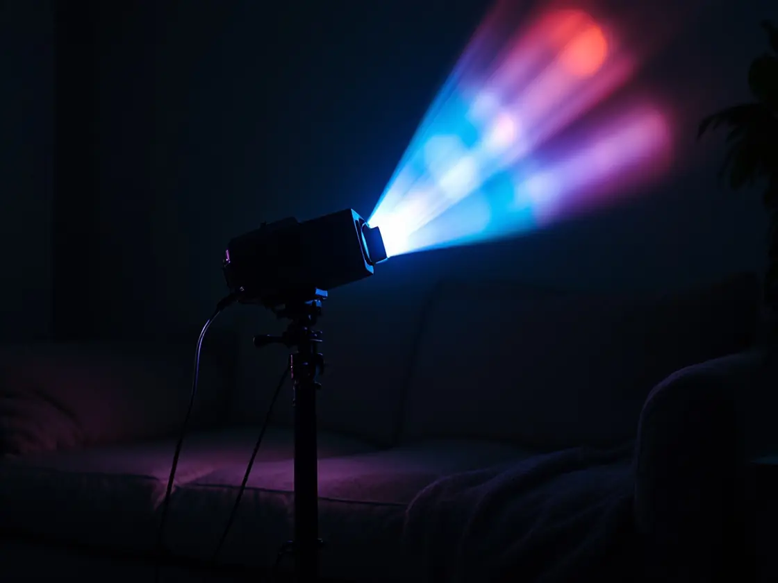 A projector beam across a dark living room with a sofa