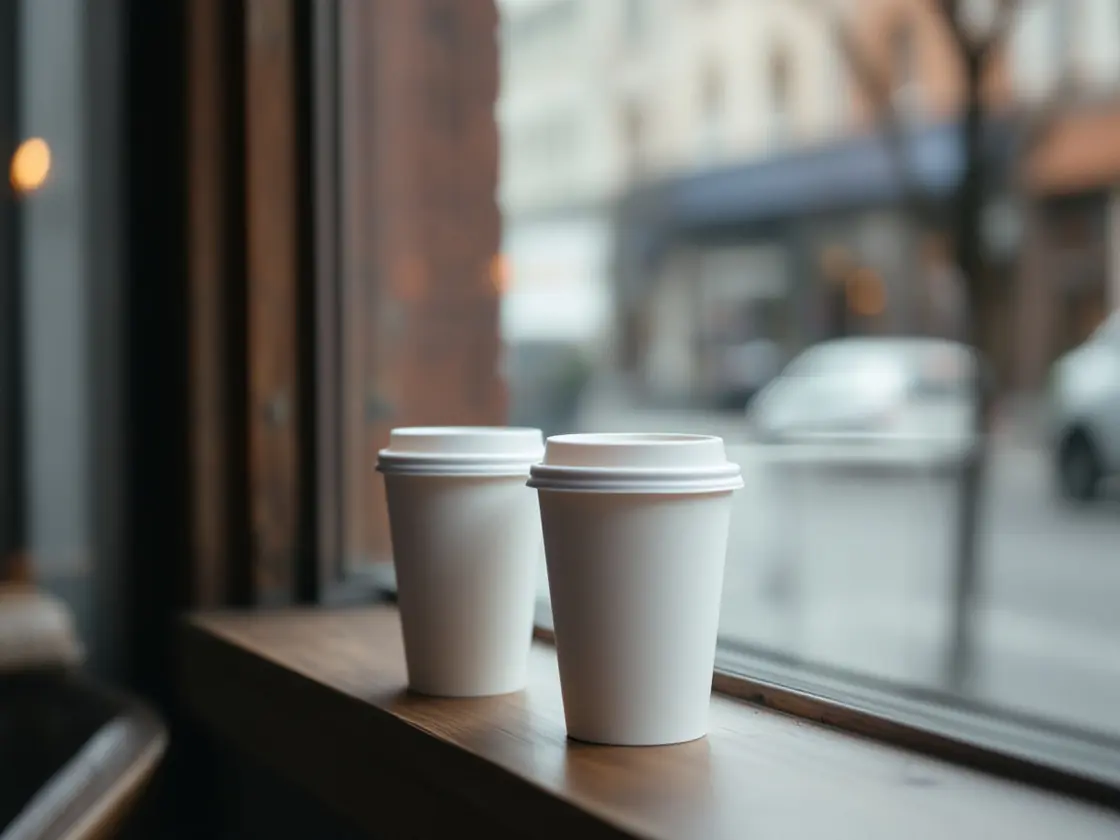 Two takeaway coffee cups on a cafe windowsill in early morning light