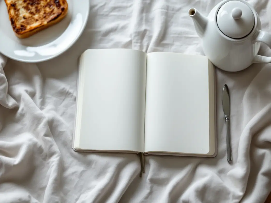 Toast, a teapot and an open notebook on white bed linen in daylight