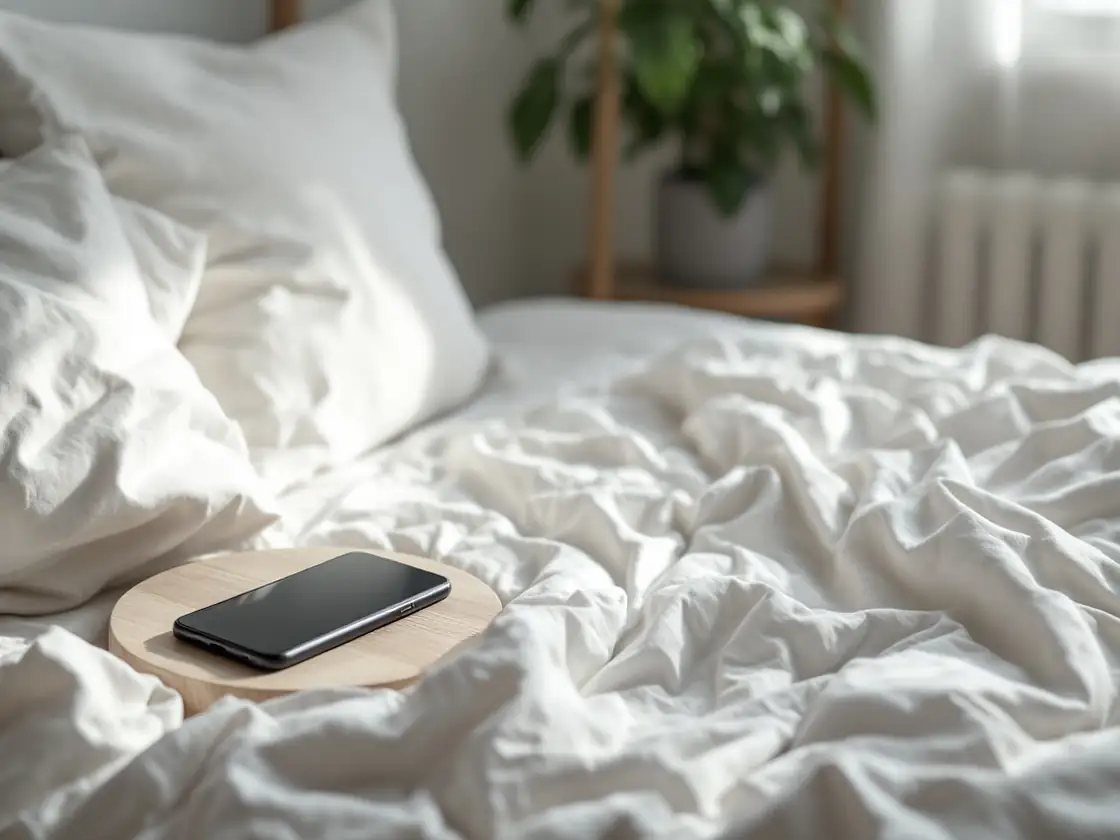 An unmade bed with white linen and a phone resting on a small tray