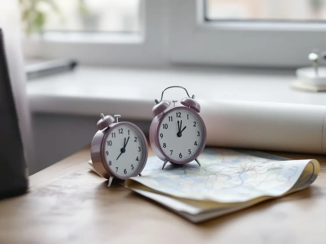 A desk by a window with two small clocks and a folded paper map