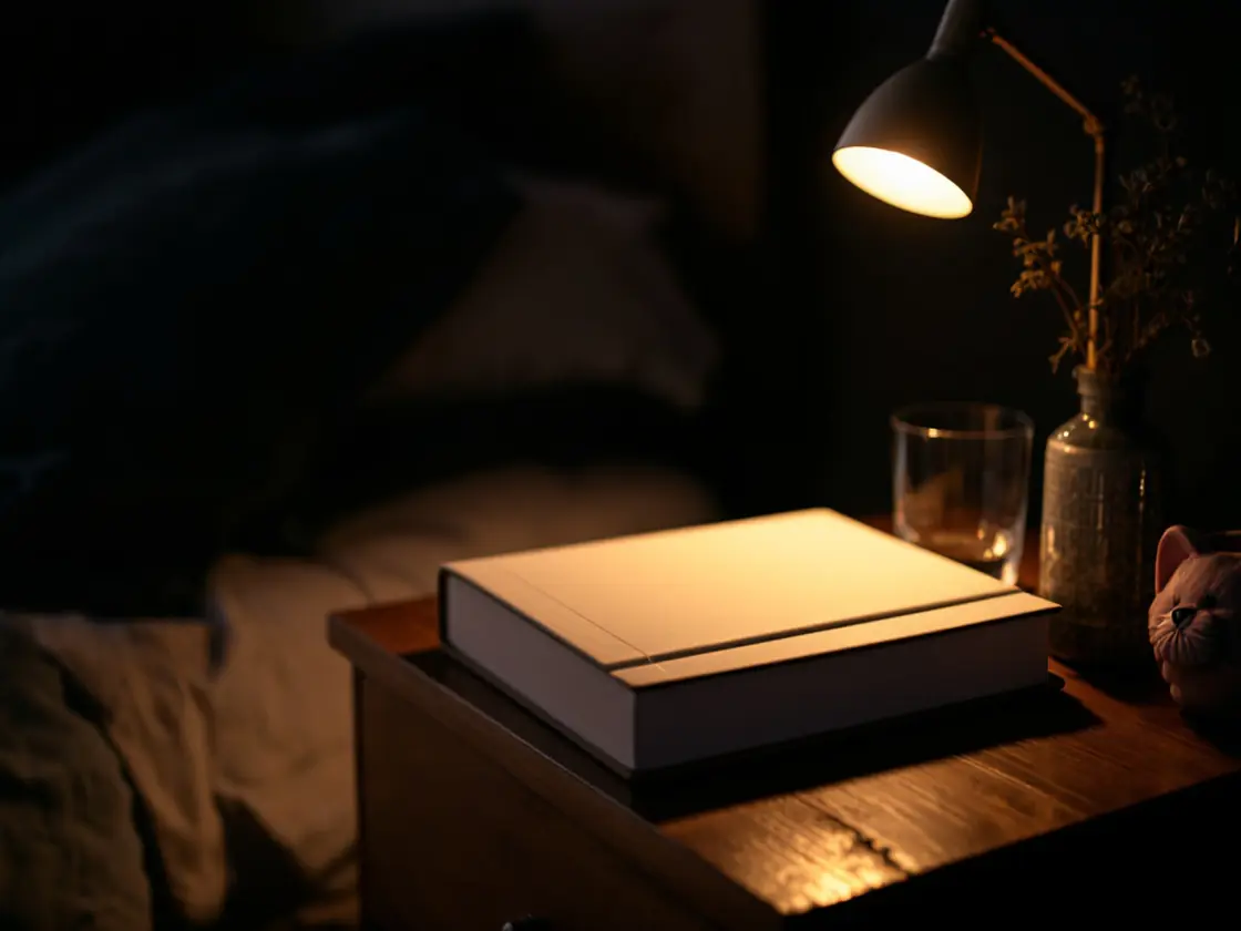 A bedside lamp glowing next to a closed book and a glass of water