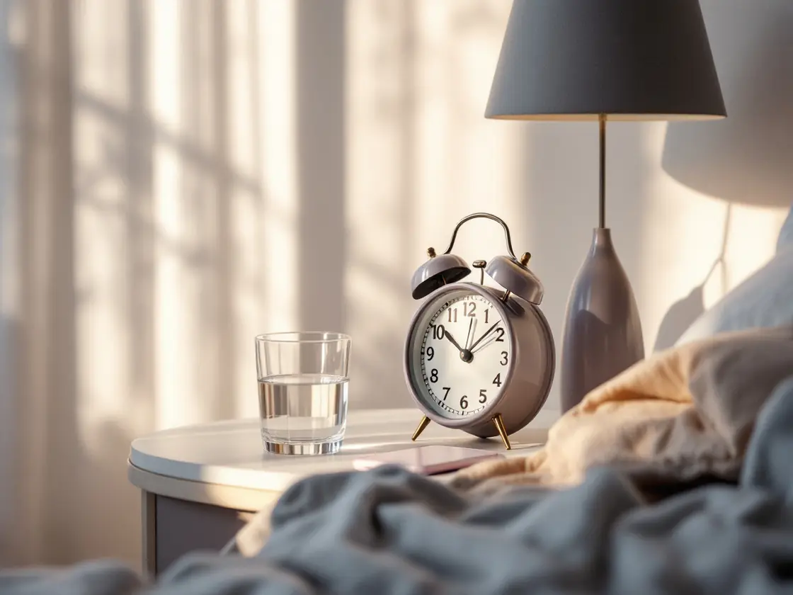 An alarm clock, a glass of water and a phone on a bedside table at dawn