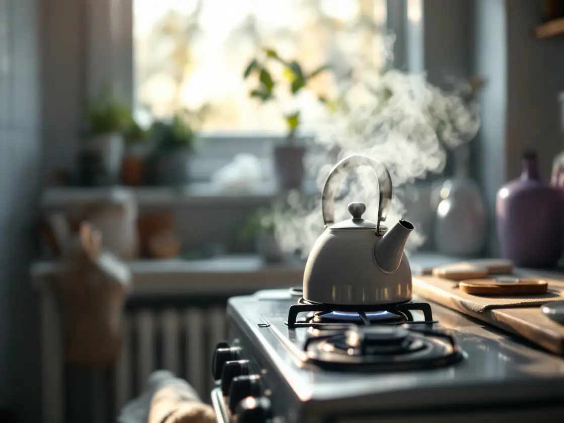 A kettle steaming on a stove in a small kitchen in early morning light