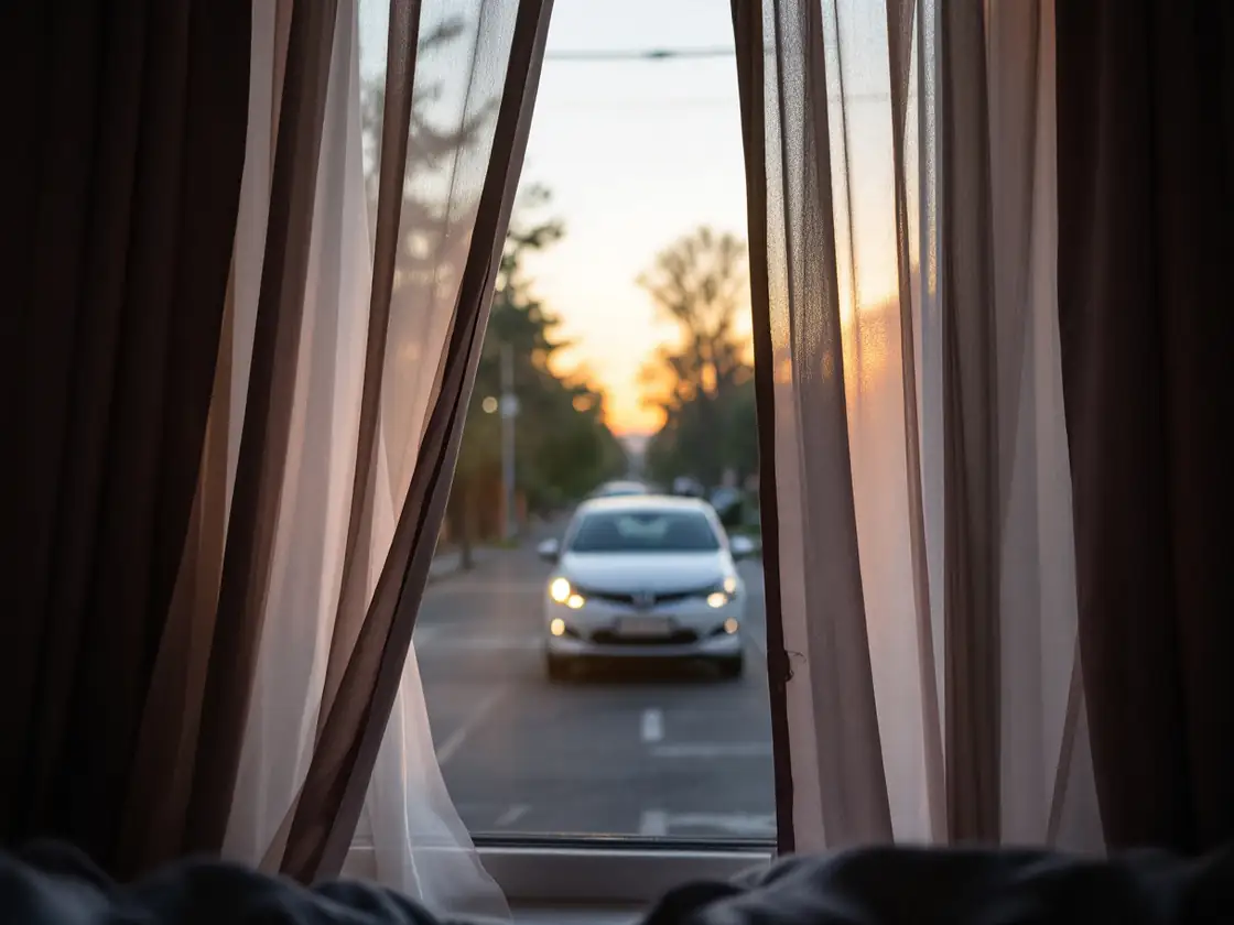 Half open curtains onto a quiet street at sunrise