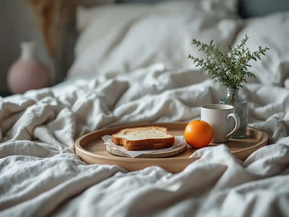 A breakfast tray with toast, an orange and a coffee on a made bed