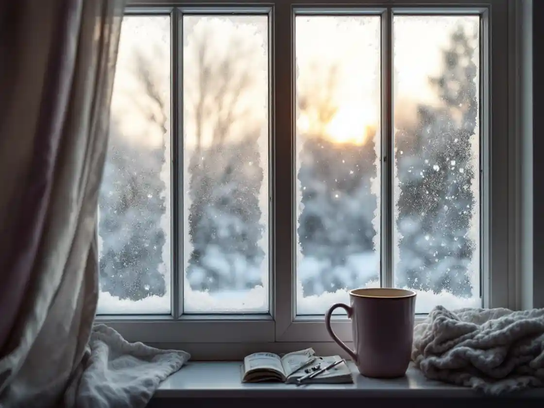 A warm mug on a frosty windowsill at sunrise