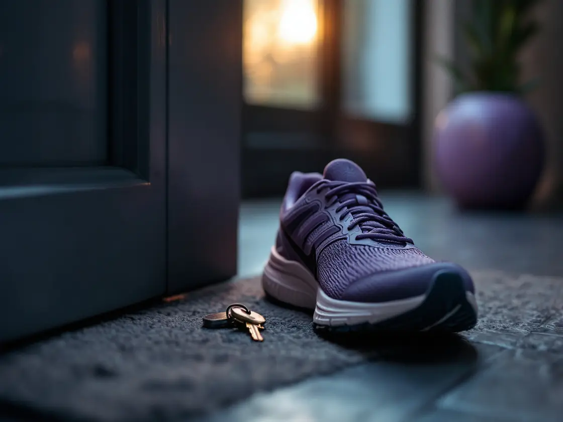 A running shoe and house keys by a door at dawn