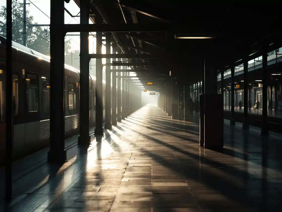 An empty commuter train platform with long morning shadows