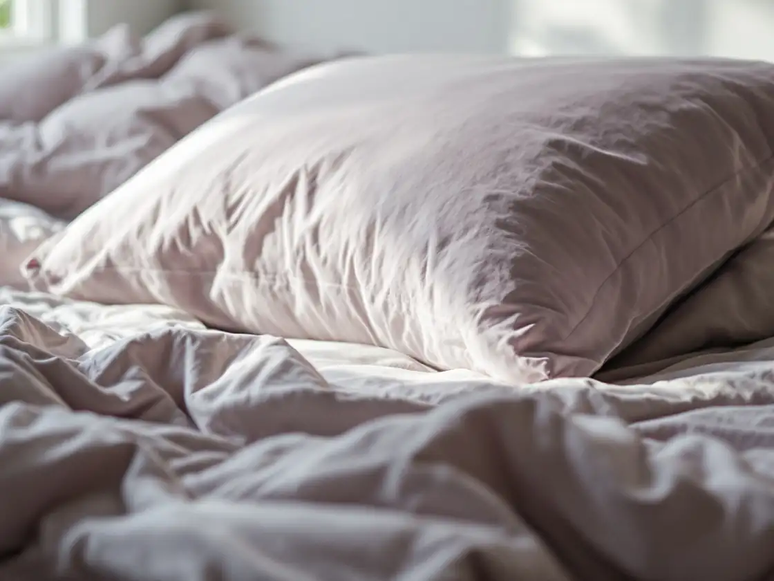 A pillow and a rumpled duvet in soft morning light