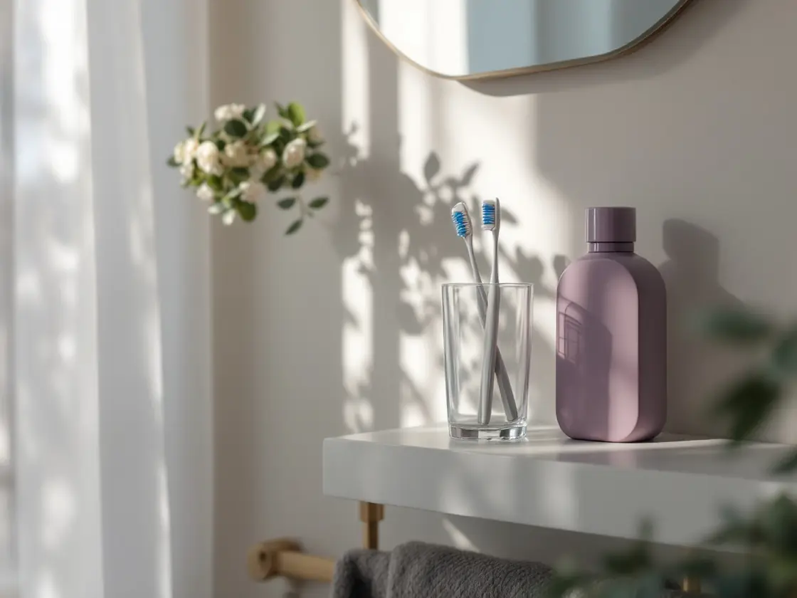 A toothbrush glass and a small plant on a bright bathroom shelf