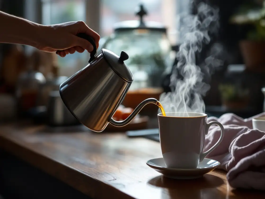 Coffee pouring from a pot into a mug on a wooden counter
