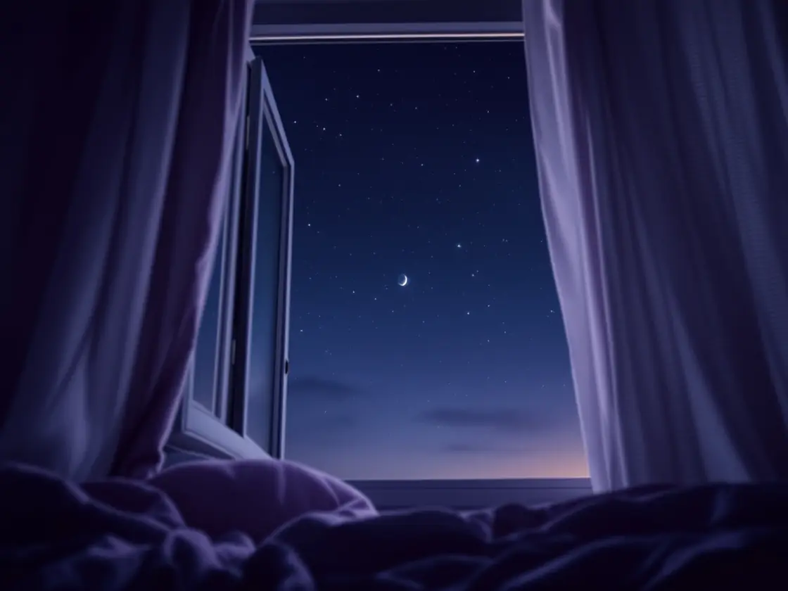 A night sky through an open bedroom window with a moving curtain