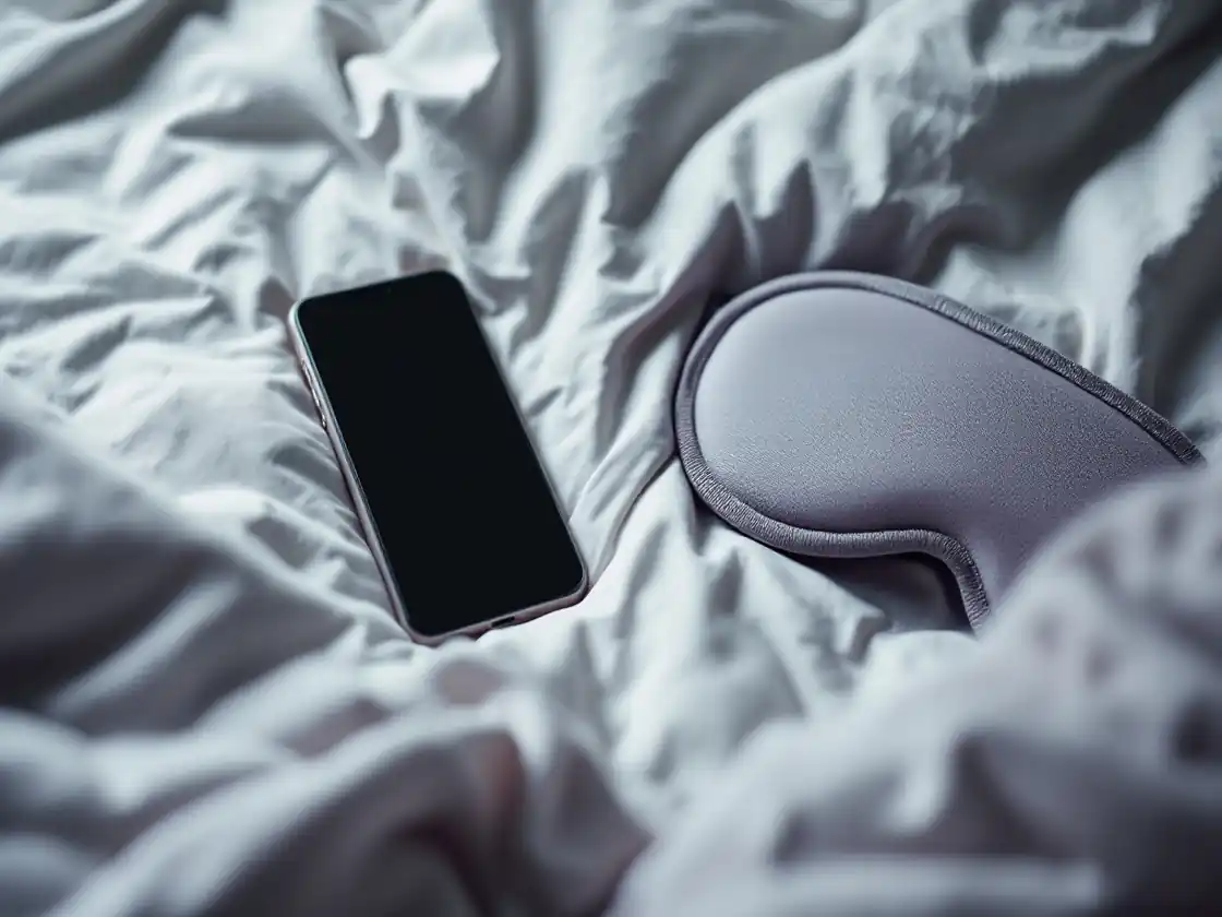 A dark phone beside a sleep mask on a bedside table