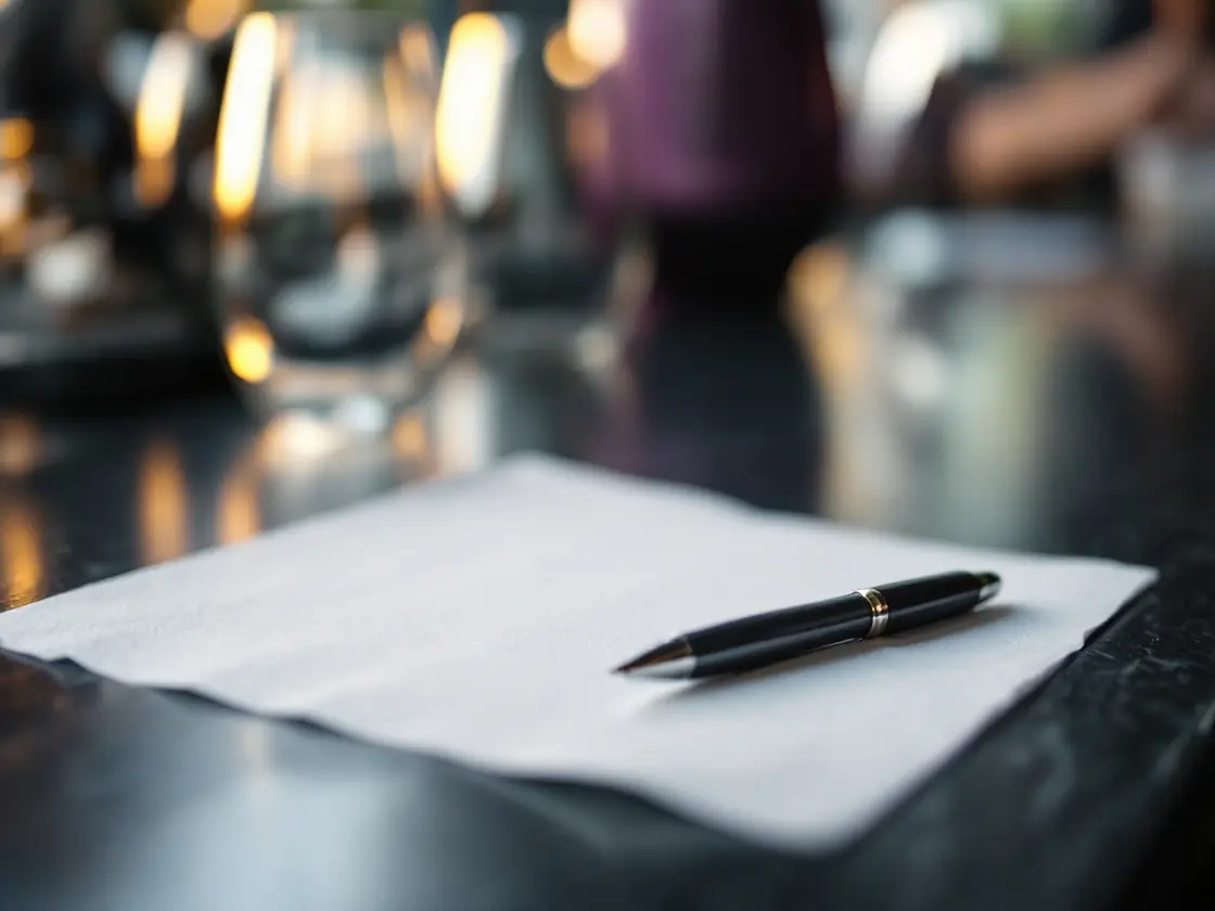 A blank paper napkin and a pen on a bar counter in evening light