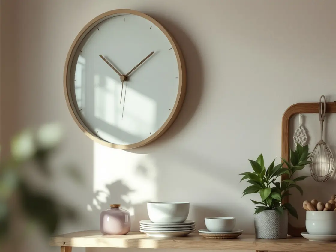 A round wall clock above a tidy kitchen shelf in morning light