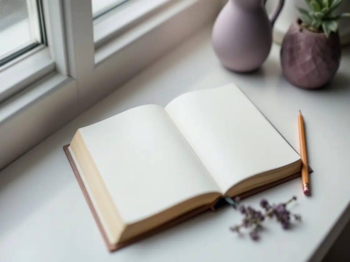 An open blank paper diary and a pencil on a desk by a window