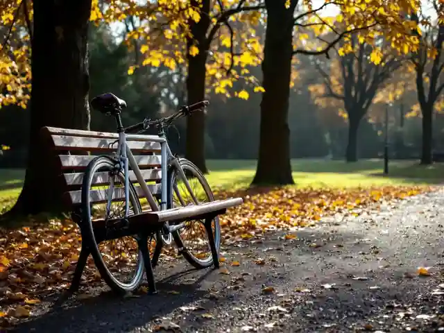 A park bench under autumn trees with a bicycle leaning beside it