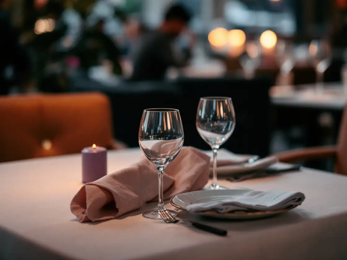 Two empty wine glasses on a small restaurant table after dinner