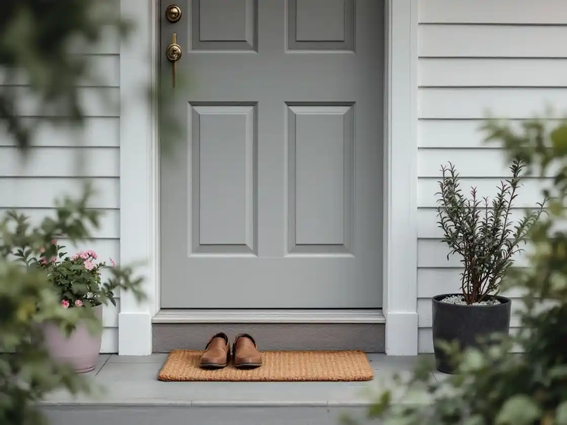 A closed wooden front door with a doormat and a pair of shoes