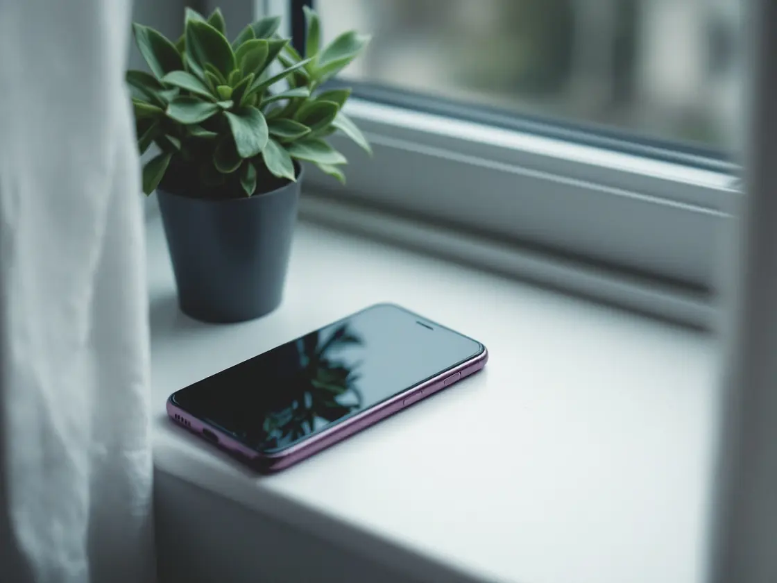 A phone face down on a windowsill beside a small potted plant